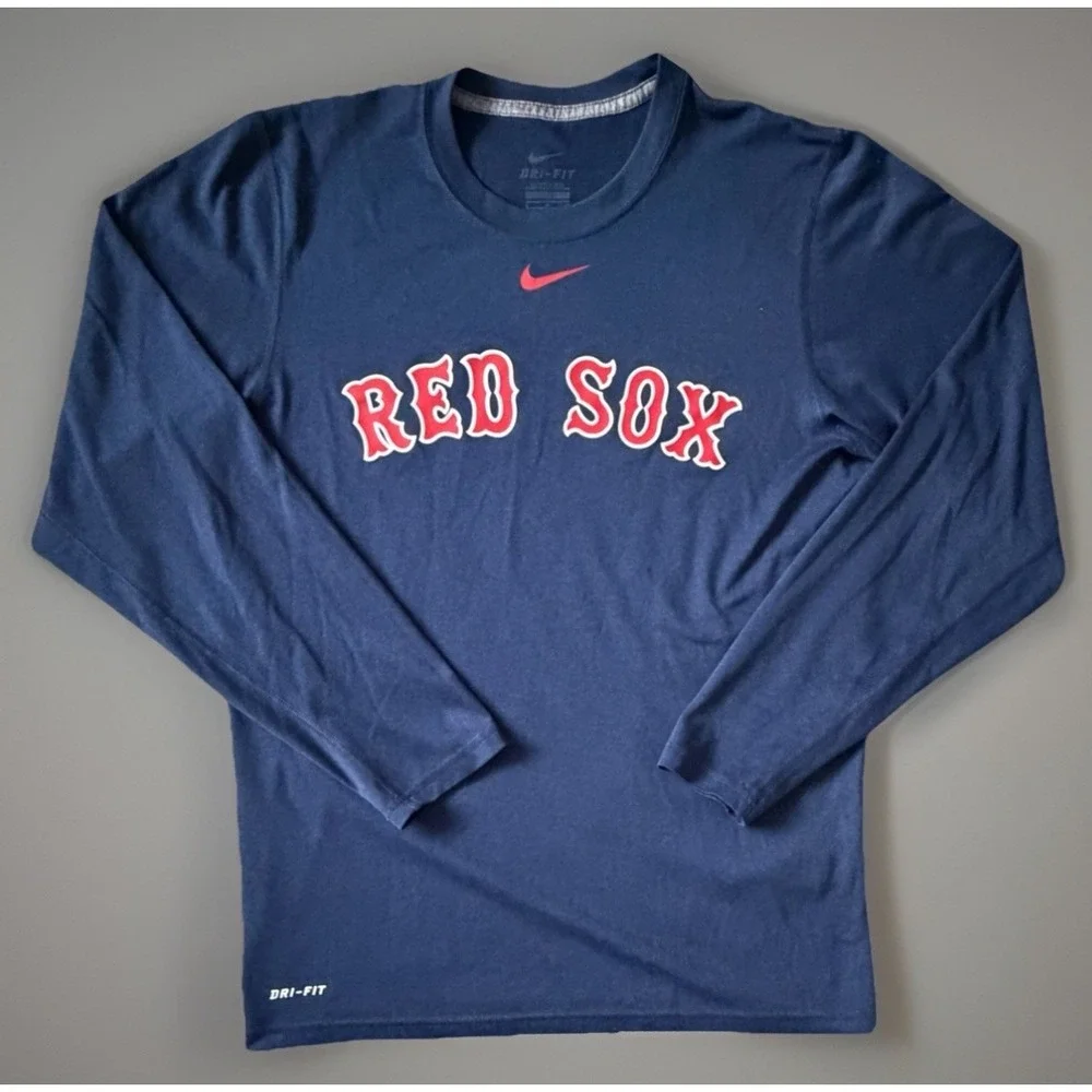 Boston Red Sox The Nike Tee Long Sleeve Shirt Blue Swoosh Logo Small JBHS